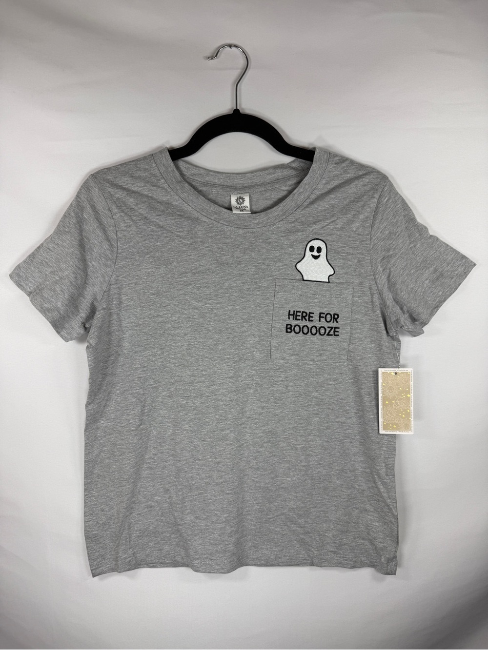 Womens Gray "Here for Booze" Ghost Graphic T-Shirt M Halloween Tshirt